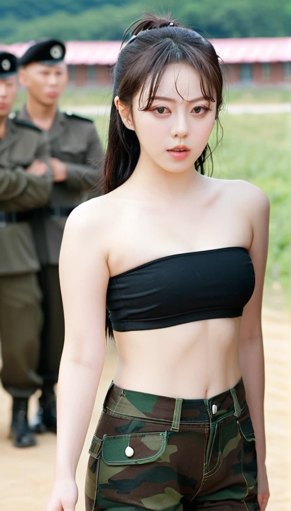 close-up of beautiful South Korean, Kim Sohee is a ex-ALICE South Korean pop girl group, age 24 years old girl, youthful face, perfect body, white body skin, shoulder hair, black hair, straight hair, flat bangs cut, 36 inches breasts size, wearing a plain standard black strapless tube top, wearing a tight camouflage mini short leggings, Sohee holding breasts with her own two hands is very sexy and sigh, Sohee squeezes the breasts very seductively, Sohee lowered her strapless tube top a little bit, Sohee sits on the male-only male-only military training camp, Sohee pees in the male-only military training camp with a sigh and seductive, Sohee pees, Sohee peed herself until she was wet, ((peeing self)), ((wet pee)), ((Sohee was visited by male soldiers)), Sohee's hair was held by one of the male soldiers, then the male soldier held a scissor to cut Sohee's hair, Sohee's hair was cut short by male soldiers using a scissor, ((Sohee's hair was cut short by male soldiers using a scissor)), strand by strand Sohee's hair fell to the floor, ((the rest of Sohee's hair fell to the floor)), Sohee felt aroused and tense when her hair was cut by the male soldier, ((Sohee felt aroused and tense when her hair was cut by the male soldier)), sexy looking pose, pose a naughty look, pose looks seductive, at the male-only military training camp, male-only military training camp background, UHD