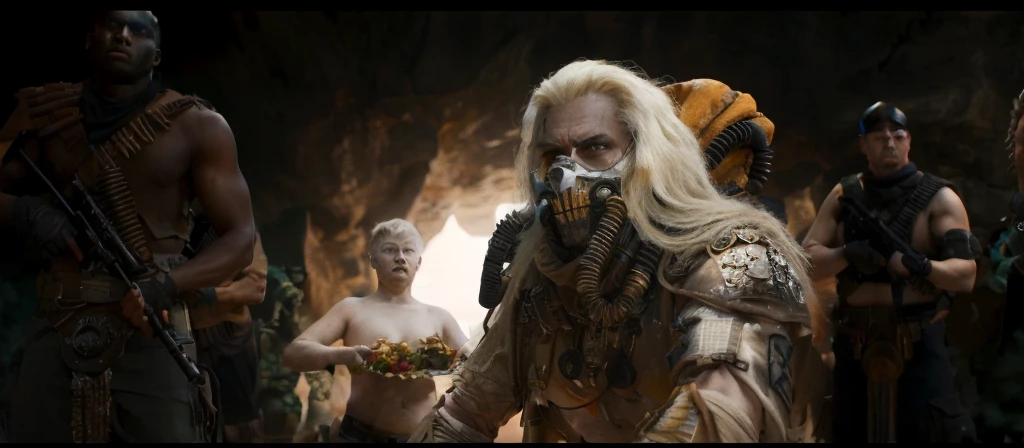 Many people in costumes standing in the cave, Dune 2 0 2 1 Movie scene, Live-action movie scenes, Epic sci-fi movie stills, still from live action movie, From《Mad Max:Fury Road》, Mad Max 狂怒之路风格, Rick Baker style, Rick Baker, Mad Max风格, Mad Max:Fury Road 剧照