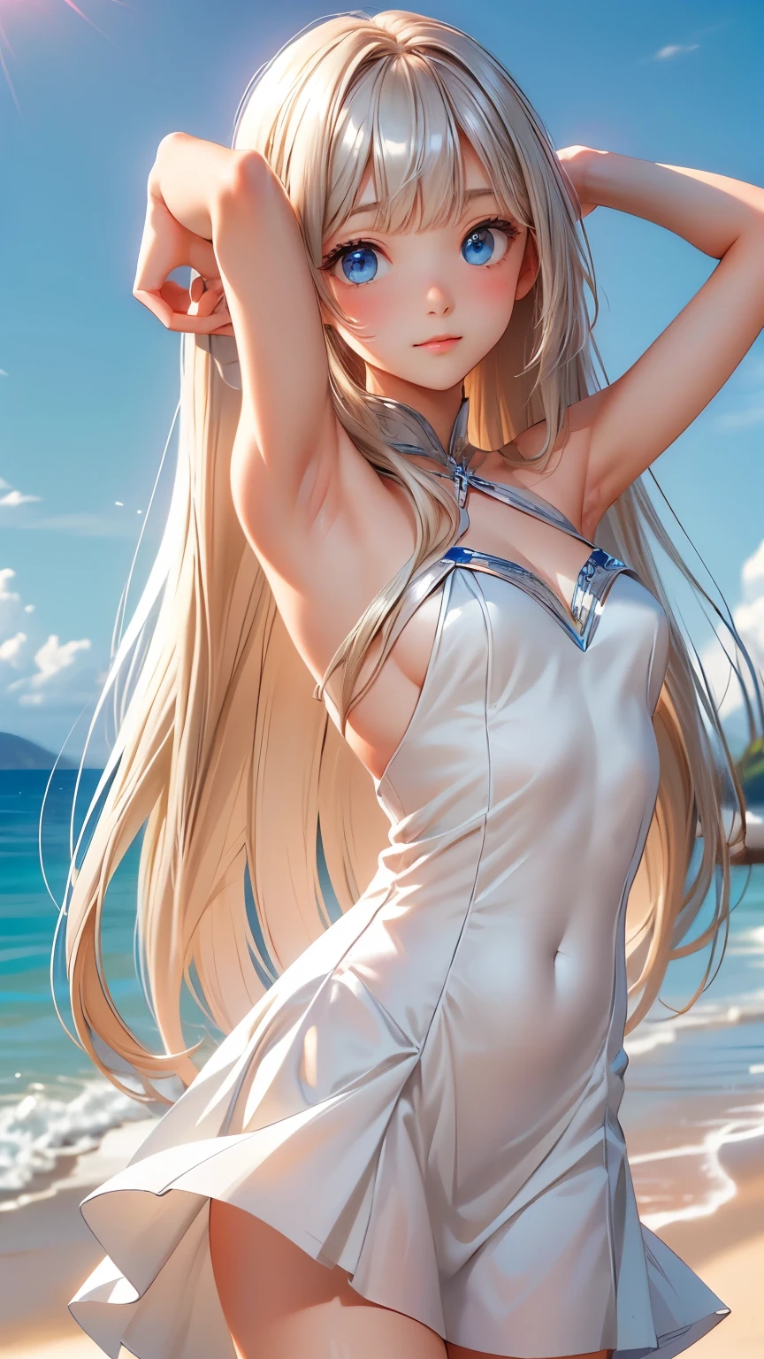 master piece , best quality , detailed , dresses , standing , hands up , armpit , from front , beach, Shiny platinum blonde silk super long straight hair, beautiful shiny bangs, big clear sky blue eyes, very beautiful bright eye highlights, Embarrassing, Blushing