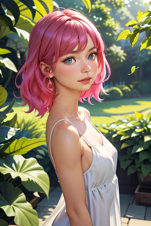 (best quality,4k,8k,highres,masterpiece:1.2),ultra-detailed,(realistic,photorealistic,photo-realistic:1.37),beautiful detailed eyes,beautiful detailed face,flowing curly hair,vibrant colors,soft lighting,dreamy atmosphere,summer garden,blooming flowers,gentle breeze,illustration,HD,studio lighting,portraits,pastel color palette,warm sunlight,airy feeling,peaceful environment,lush foliage,subtle shadows,dappled light,magical ambiance,serene mood,graceful movement,delicate petals,blurred background,elegant posture,harmonious composition,vivid hues,tranquil scene,nature-inspired,ethereal beauty,serene expression,delightful summer day. Full body shot. Sun behind shining through clothing. No underwear. Hard nipples. Dress torn with side split up to thighs. One breast visible