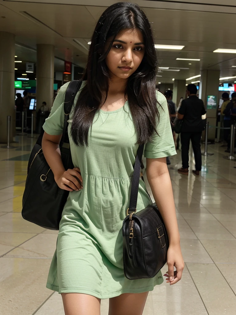 A indian gril black hair drees green colour stendin in airport delhi