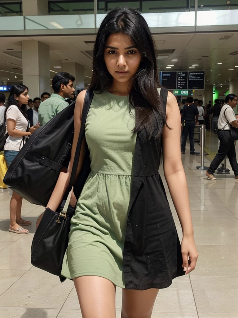 A indian gril black hair drees green colour stendin in airport delhi