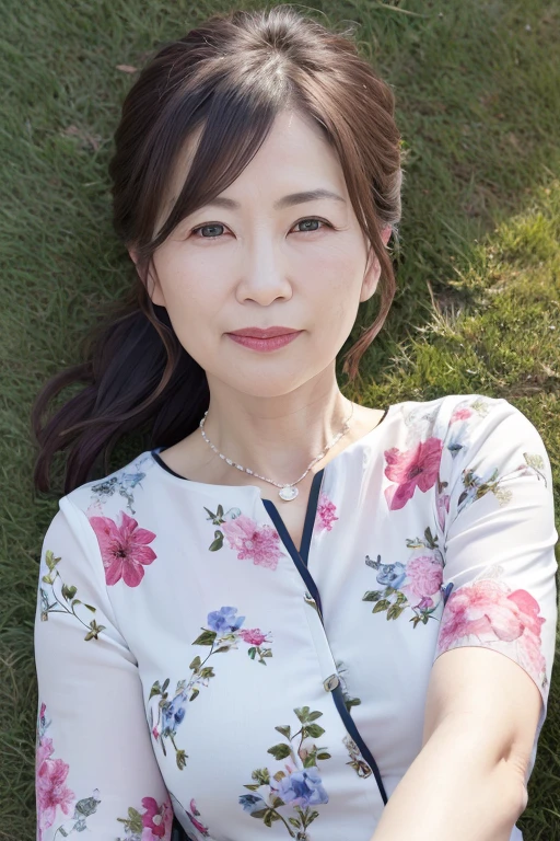 Beautiful mature 55 year old Japanese woman, Married women, Fine lines, Long eyelashes, Shining Eyes, Low Ponytail, Red lipstick, elegant, Gorgeous figure, Pearl Necklace, Summer clothes, Low-cut blouse, Floral print slit skirt, whole body, Lying on the green grass, Lie on your back, , (Highest quality,4K,8K,High resolution,masterpiece:1.2),Very detailed,(Realistic,photoRealistic,photo-Realistic:1.37),High resolution,超High resolution,Studio Lighting,Ultra-fine painting,Sharp focus,Physically Based Rendering,Very detailed説明,Professional,Vibrant colors,Bokeh,Portraiture