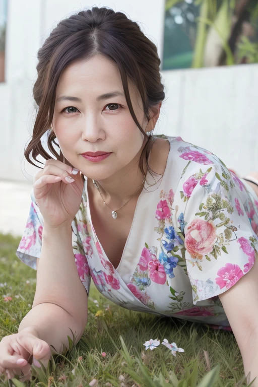 Beautiful mature 55 year old Japanese woman, Married women, Fine lines, Long eyelashes, Shining Eyes, Low Ponytail, Red lipstick, elegant, Gorgeous figure, Pearl Necklace, Summer clothes, Low-cut blouse, Floral print slit skirt, whole body, Lying on the green grass, Lie on your back, , (Highest quality,4K,8K,High resolution,masterpiece:1.2),Very detailed,(Realistic,photoRealistic,photo-Realistic:1.37),High resolution,超High resolution,Studio Lighting,Ultra-fine painting,Sharp focus,Physically Based Rendering,Very detailed説明,Professional,Vibrant colors,Bokeh,Portraiture