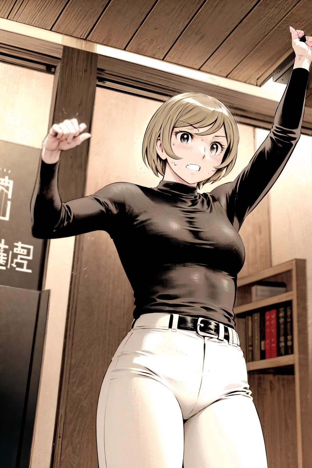 、(masterpiece、Highest quality)、Highest quality, Ultra-high resolution, (((masterpiece))), alone, Sweat、Big eyes,Tight black shirt、Tight white pants、belt、indoor、Composition from the front、(Cut the back hair short、short hair、blonde、woman)、Shortcuts、Embarrassed face、Cut your hair short、可愛いwomanの子、Big Breasts、office