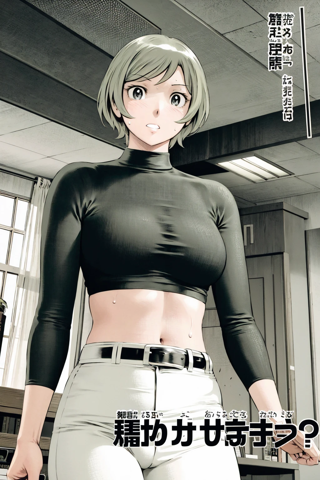 、(masterpiece、Highest quality)、Highest quality, Ultra-high resolution, (((masterpiece))), alone, Sweat、Big eyes,Tight black shirt、Tight white pants、belt、indoor、Composition from the front、(Cut the back hair short、short hair、blonde、woman)、Shortcuts、Embarrassed face、Cut your hair short、可愛いwomanの子、Big Breasts、office