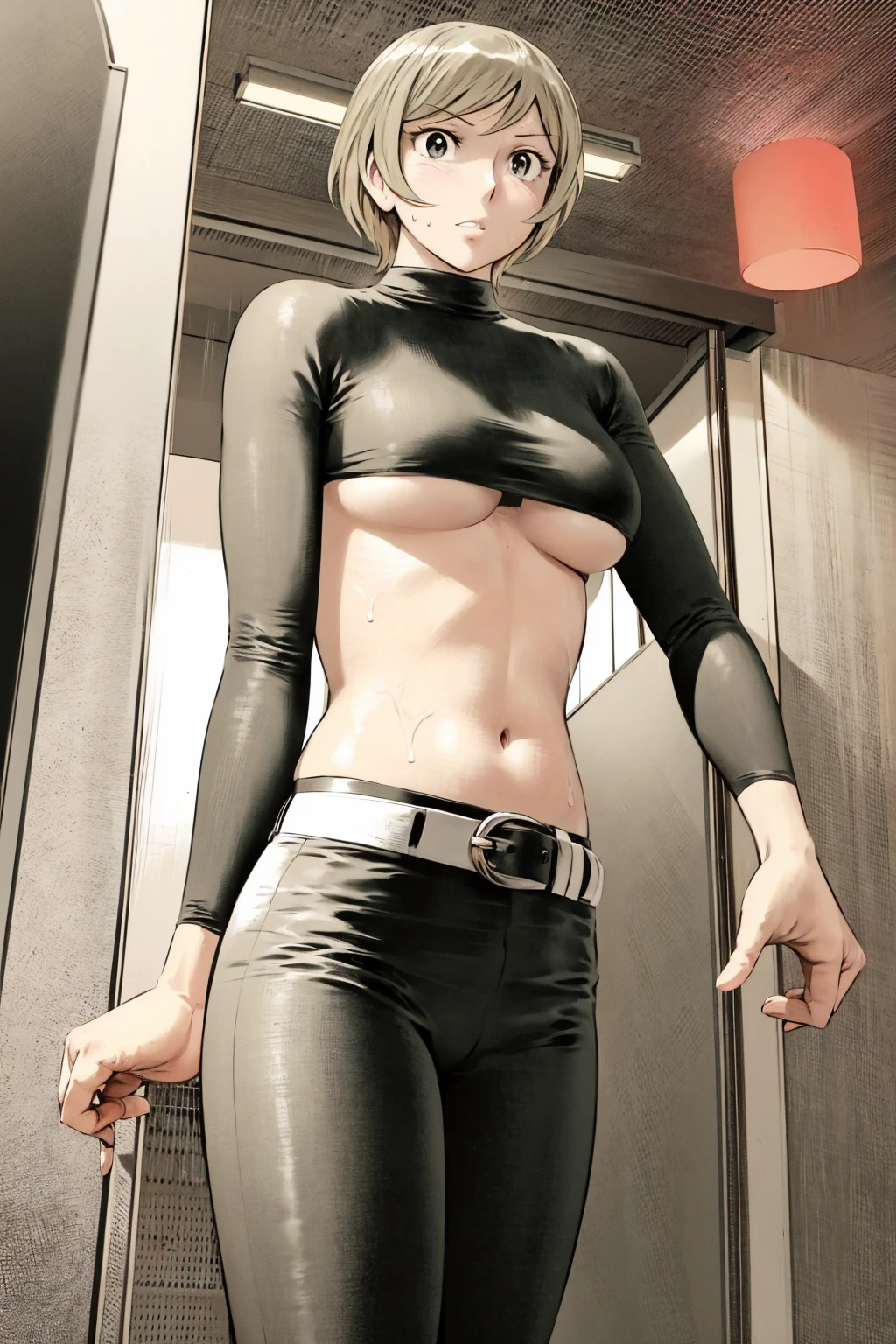 、(masterpiece、Highest quality)、Highest quality, Ultra-high resolution, (((masterpiece))), alone, Sweat、Big eyes,Tight black shirt、Tight white pants、belt、indoor、Composition from the front、(Cut the back hair short、short hair、blonde、woman)、Shortcuts、Embarrassed face、Cut your hair short、可愛いwomanの子、Big Breasts、office