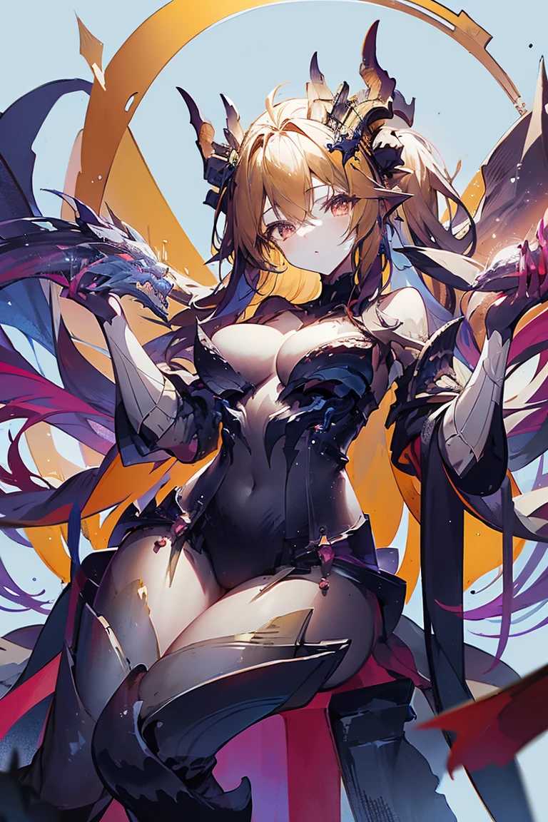 Anime style girl, dragon horns, long blue hair, red inner color, yellow and red odd eyes, large breasts, short stature, scaled body, sitting on a throne