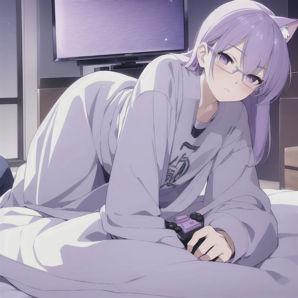 ((masterpiece)), (best quality), (ultra-detailed), photorealistic, (best illustration), ((an extremely delicate and beautiful)), 1boy, solo, medium hair, lilac cat ears, lilac hair, [:lilac cat tail under:0.2], full body, very young, Cute, holding controller, playful, want to play with viewer, purple eyes, shortstack, ???, offers controller to viewer, glasses, serious face, boyish face, young boy, shirt and pants, oversize clothes, blush, shy, TV on background, game console behind. Night. 