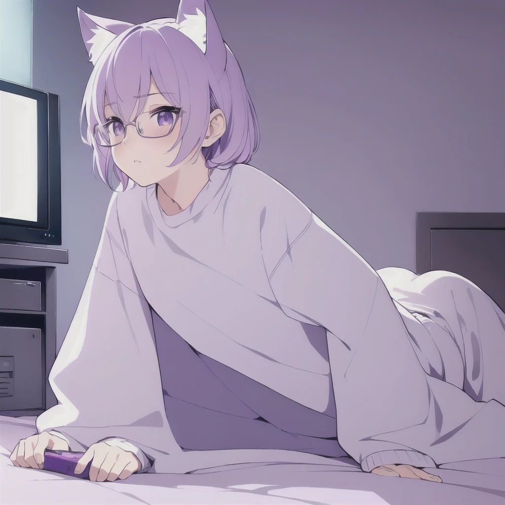 ((masterpiece)), (best quality), (ultra-detailed), photorealistic, (best illustration), ((an extremely delicate and beautiful)), 1boy, solo, medium hair, lilac cat ears, lilac hair, [:lilac cat tail under:0.2], full body, very young, Cute, holding controller, playful, want to play with viewer, purple eyes, shortstack, ???, offers controller to viewer, glasses, serious face, boyish face, young boy, shirt and pants, oversize clothes, blush, shy, TV on background, game console behind. Night. 