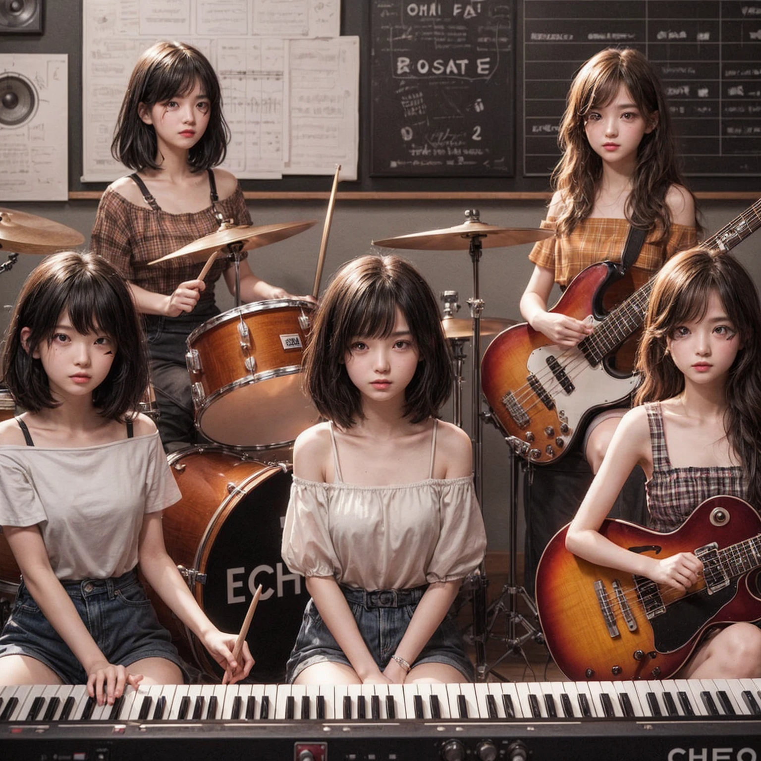 **Photo of 5 beautiful girls sitting:**

- **3 girls with messy black hair**
- **2 girls with wavy bob hair**

One girl is playing the drums, one girl is playing the piano, one girl is playing the bass guitar, one girl is playing the guitar, and one girl is singing. They are sitting behind a board with the word "ECHO" written on it. The background is a music studio, complete with drums, guitars, bass guitar, and piano. The image is ultra HD, 4k, and realistic.