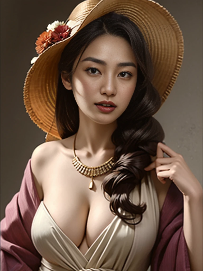 (masterpiece, best quality:1.2)，(Naked)，Young and beautiful woman，Competent，Sexy，Still has charm，Plump and juicy，Large Breasts，Cleavage，，Areola，HOI4 Portrait Wind Image，30 years，No background