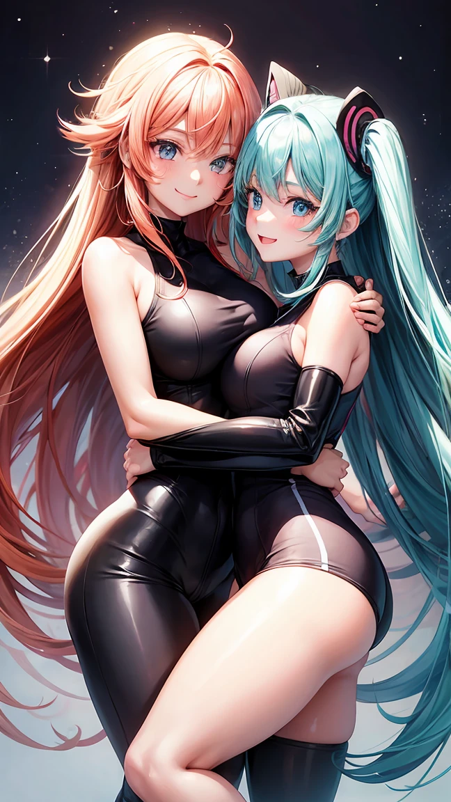 2girl,beautiful girl,Unique, Anime Girl, Wearing Hot Tight sportswear,Smile,Hug together