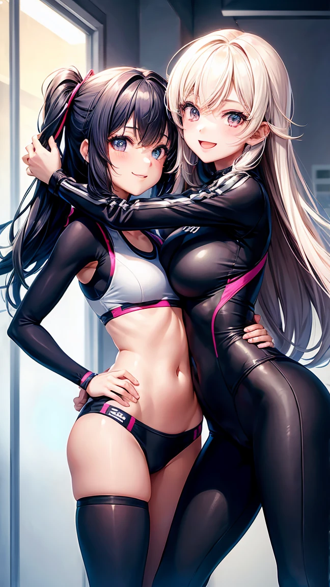 2girl,beautiful girl,Unique, Anime Girl, Wearing Hot Tight sportswear,Smile,Hug together