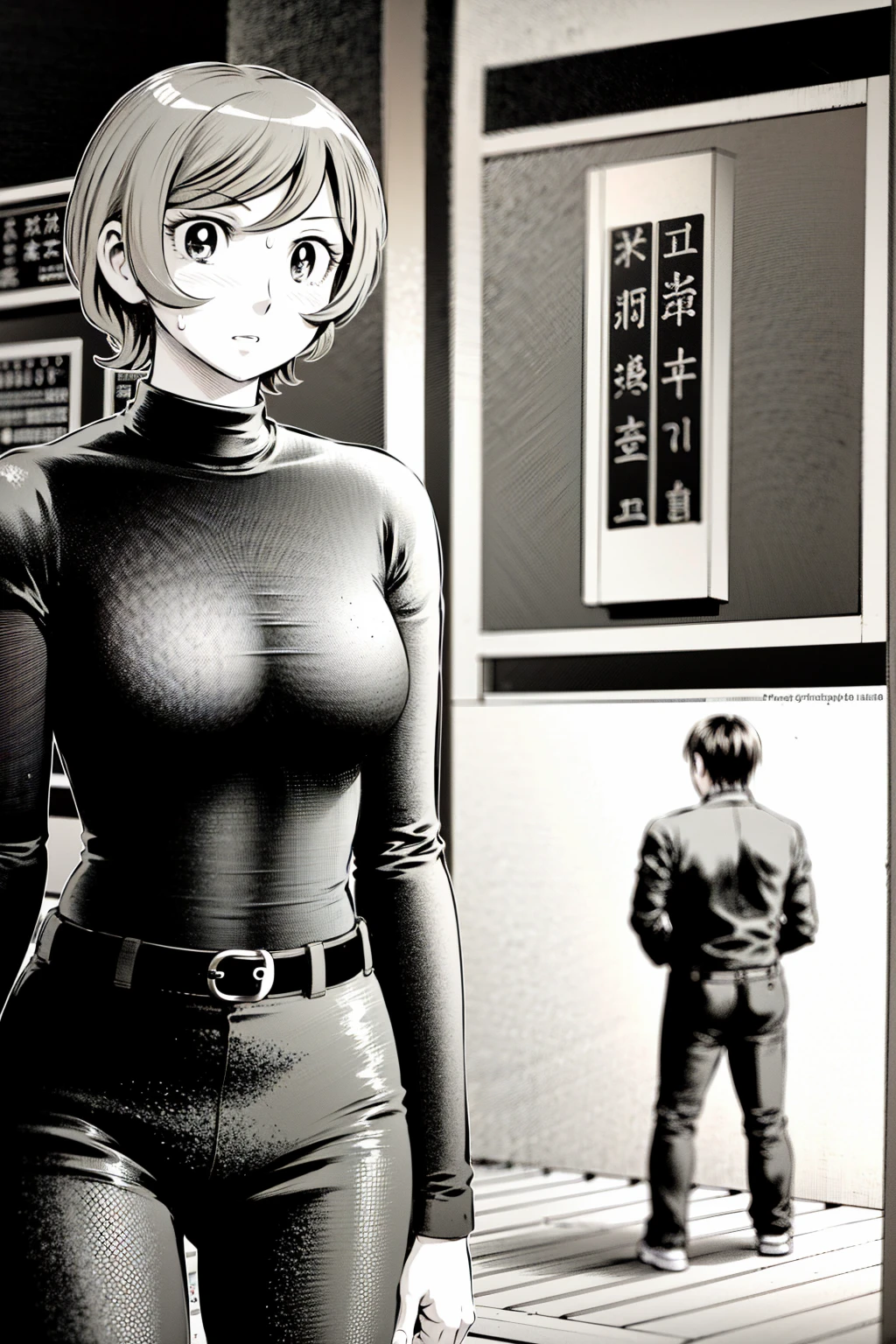 、(masterpiece、Highest quality)、Highest quality, Ultra-high resolution, (((masterpiece))), alone, Sweat、Big eyes,Tight black shirt、Tight white pants、belt、indoor、Composition from the front、(Cut the back hair short、short hair、blonde、woman)、Shortcuts、Embarrassed face、Cut your hair short、可愛いwomanの子、Big Breasts、office