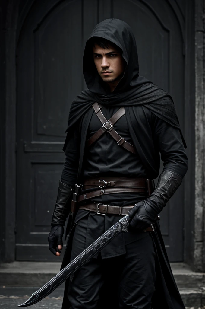 Create a picture of a boy assassin wearing black clothing