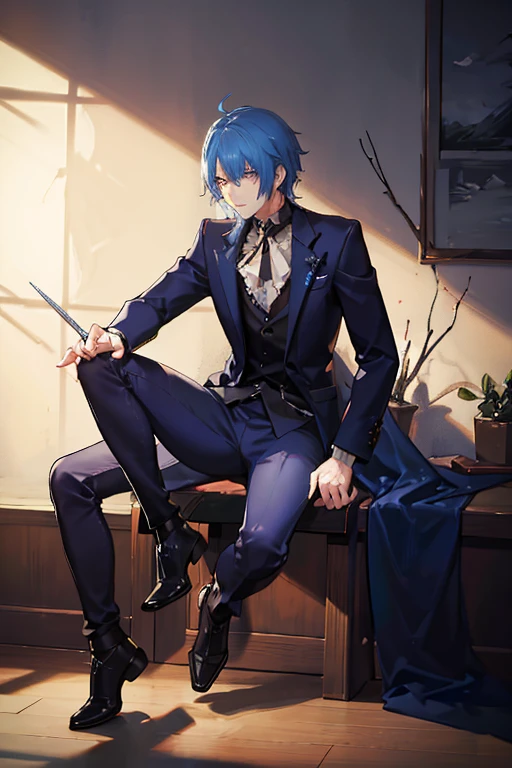 A guy with spikey blue hair with a demonic shadow aura holding a shadow sword while sitting with murderous intent that shadows around him goes crazy in a forest