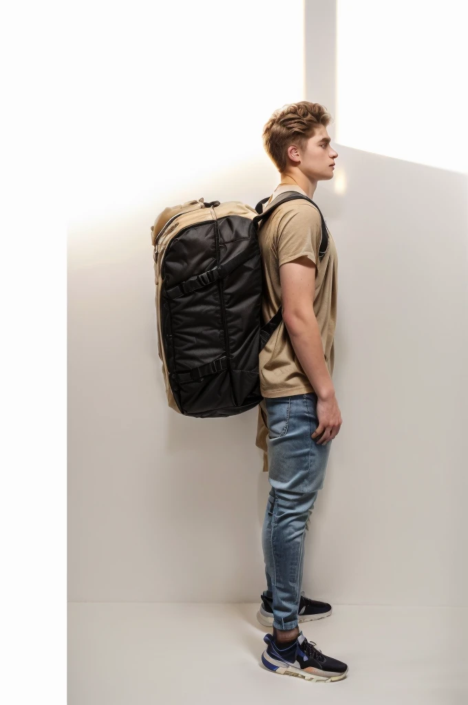 An 18-year-old，Swedish man，充满masculinity的年轻男子,Muscular man side profile，whole body，（Light gray top：1.37），（jeans：1.37），Black sneakers，Golden brown hair , Light brown eyes, masculinity，Carrying a backpack的Swedish man站在那里，Carrying a backpack, Full length view, Carrying a big bag, Full Height View, distant whole body视图,  whole body广角镜头, Studio white background