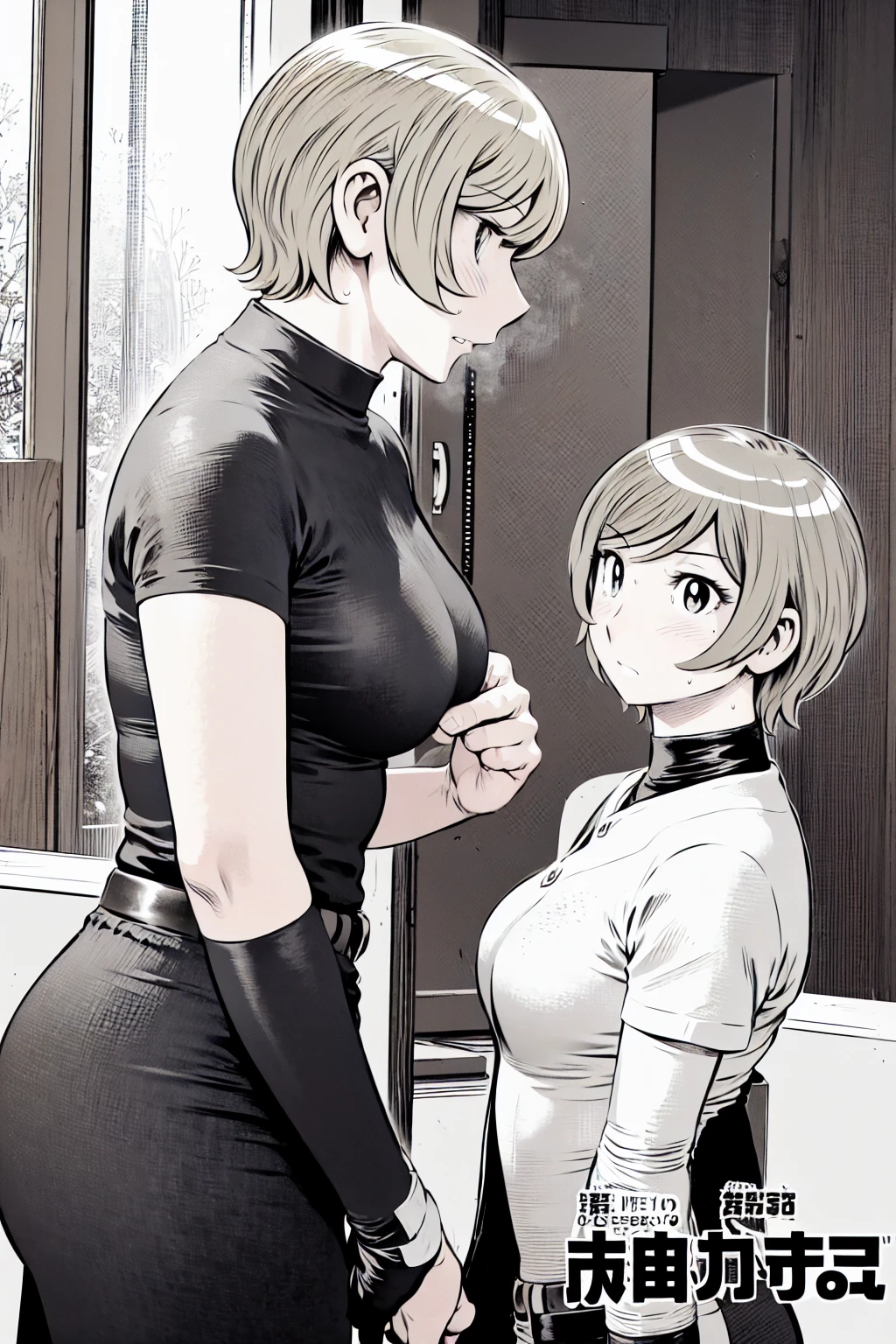 、(masterpiece、Highest quality)、Highest quality, Ultra-high resolution, (((masterpiece))), alone, Sweat、Big eyes,Tight black shirt、Tight white pants、belt、indoor、Composition from the front、(Cut the back hair short、short hair、blonde、woman)、Shortcuts、Embarrassed face、Cut your hair short、可愛いwomanの子、Big Breasts、Inside the room、Full Color、Baseball uniform