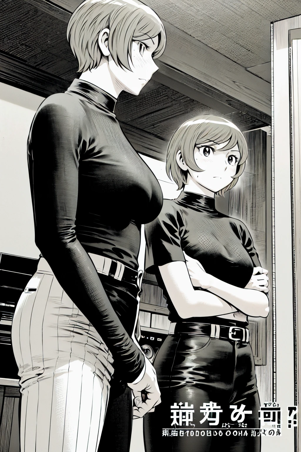 、(masterpiece、Highest quality)、Highest quality, Ultra-high resolution, (((masterpiece))), alone, Sweat、Big eyes,Tight black shirt、Tight white pants、belt、indoor、Composition from the front、（Cut the back hair short、short hair、blonde、woman）、Shortcuts、Embarrassed face、Cut your hair short、可愛いwomanの子、Big Breasts、Inside the room、Full Color、Baseball uniform