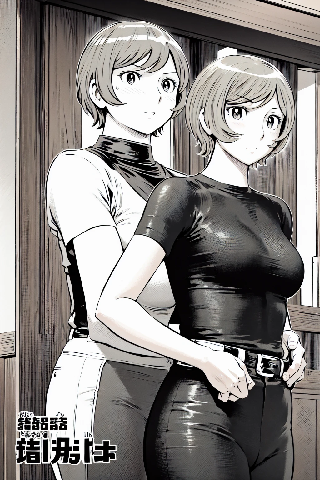 、(masterpiece、Highest quality)、Highest quality, Ultra-high resolution, (((masterpiece))), alone, Sweat、Big eyes,Tight black shirt、Tight white pants、belt、indoor、Composition from the front、（Cut the back hair short、short hair、blonde、woman）、Shortcuts、Embarrassed face、Cut your hair short、可愛いwomanの子、Big Breasts、Inside the room、Full Color、Baseball uniform