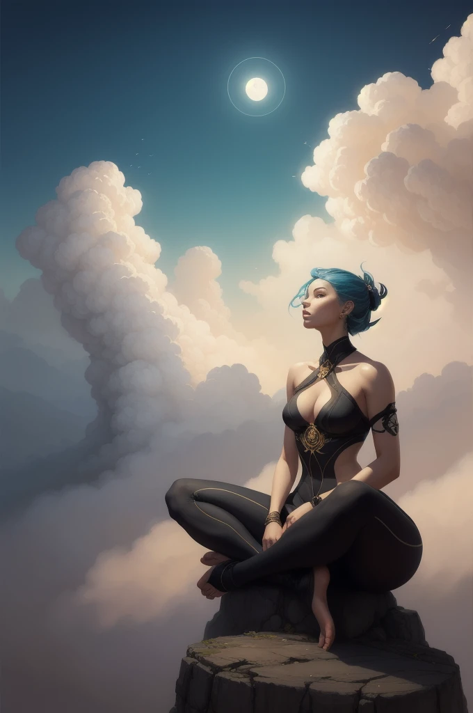 painting of a woman sitting in a lotus position in the clouds, inspired by Peter Mohrbacher, peter mohrbacher style, peter mohrbacher digital art, in the art style of mohrbacher, in style of peter mohrbacher, peter mohrbacher. unreal engine, surreal concept art, peter mohrbacher artstyle, style of peter mohrbacher