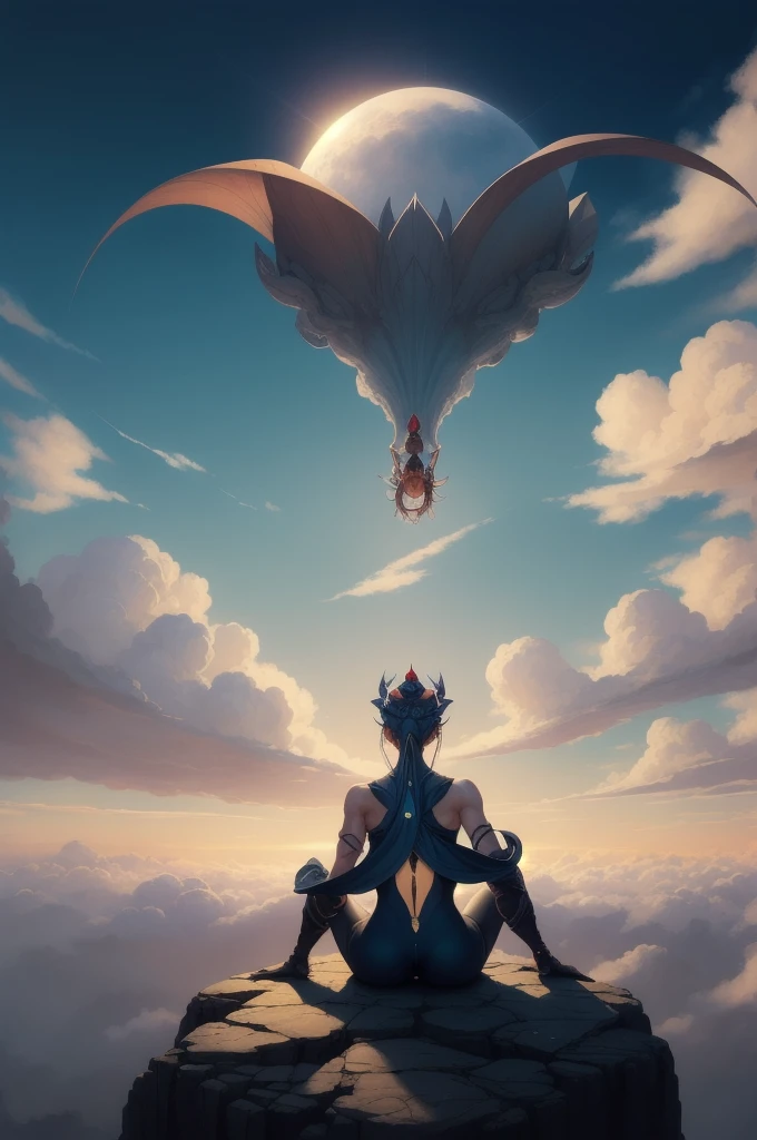 painting of a woman sitting in a lotus position in the clouds, inspired by Peter Mohrbacher, peter mohrbacher style, peter mohrbacher digital art, in the art style of mohrbacher, in style of peter mohrbacher, peter mohrbacher. unreal engine, surreal concept art, peter mohrbacher artstyle, style of peter mohrbacher