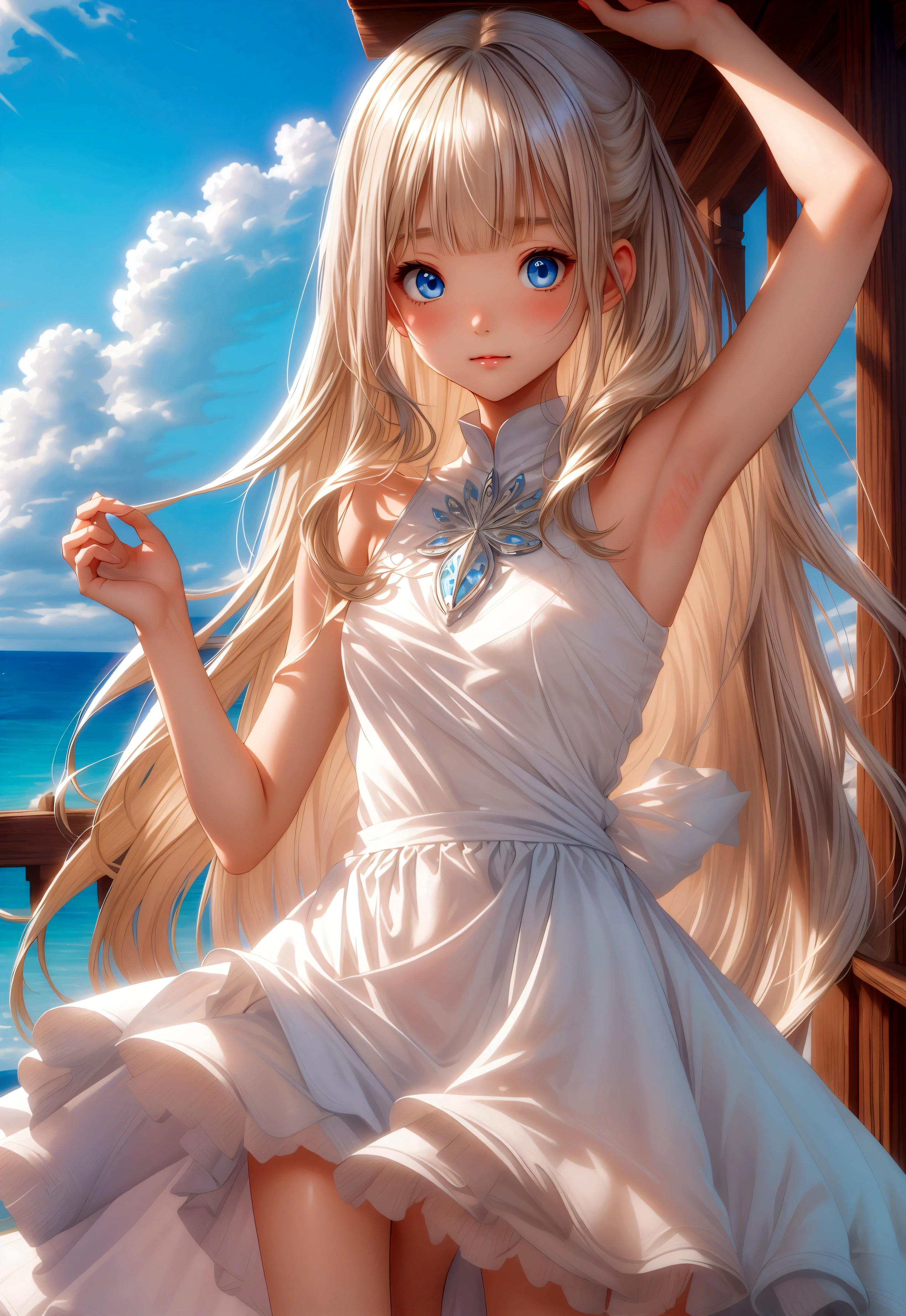 master piece , best quality , detailed , dresses , standing , hands up , armpit , from front , beach, Shiny platinum blonde silk super long straight hair, beautiful shiny bangs, big clear sky blue eyes, very beautiful bright eye highlights, Embarrassing, Blushing