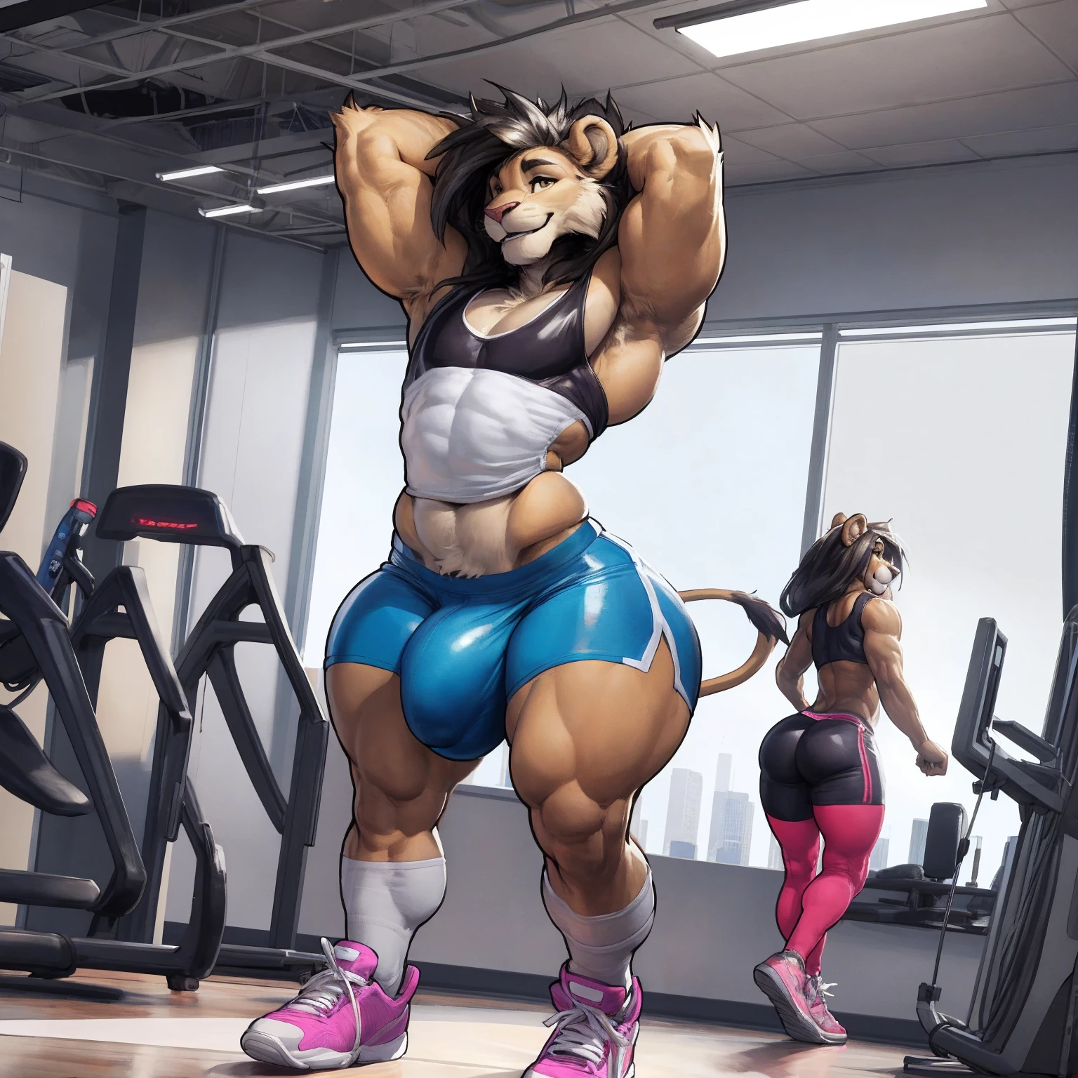 (by darkgem, by boosterpang, by duase, by BNG), solo focus, 1boy, male, lion boy, cute, girly, femboy, short boy, looking at viewer, smiling, happy, large muscular body, (hyper hips:1.3), (huge bulge:1.1), bulgeJ8, long hair, detailed eyes, lust, masterpiece, best quality, lycra shorts, white tank top, pink sneakers, standing upright, photorealistic, hyperrealistic, ultradetailed, detailed background, photo background, digital drawing (artwork), girly, bedroom eyes, (aerobics class), indoors, looking at viewer, stretching, hands behind head, (tail),