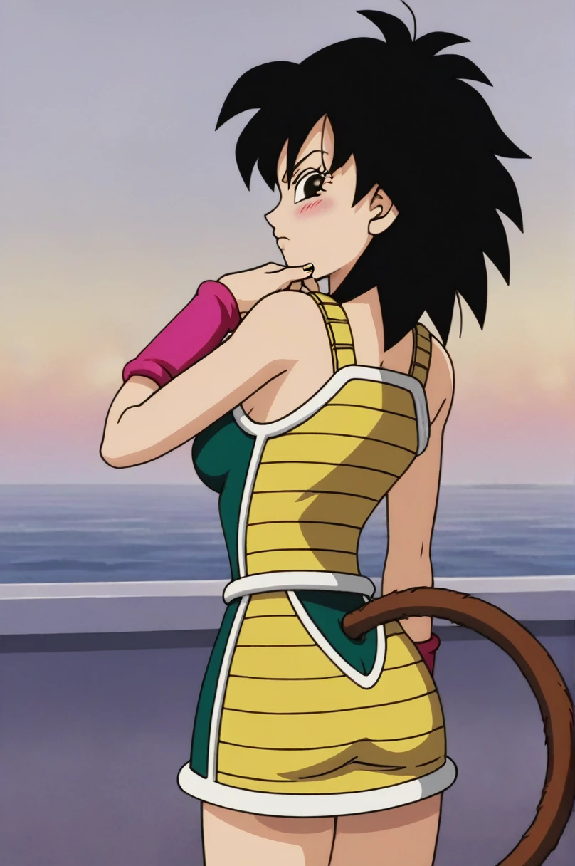 source_anime, score_9,score_8_up, score_7_up, ginedb, anime screencap,
Obra maestra, mejor calidad, alta calidad,1girl, solo, looking at viewer, blush, cityscape, black hair, brown eyes, looking back, from behind, black eyes, hand on hip, frown, pink wristband, green skirt, monkey tail, saiyan armor, hand on shoulder, medium hair, green saiyan armor, eyelashes, eyebrows, butt crack, bare shoulders, spiked hair, fingernails, Cuerpo sexy, culo sexy, desnuda