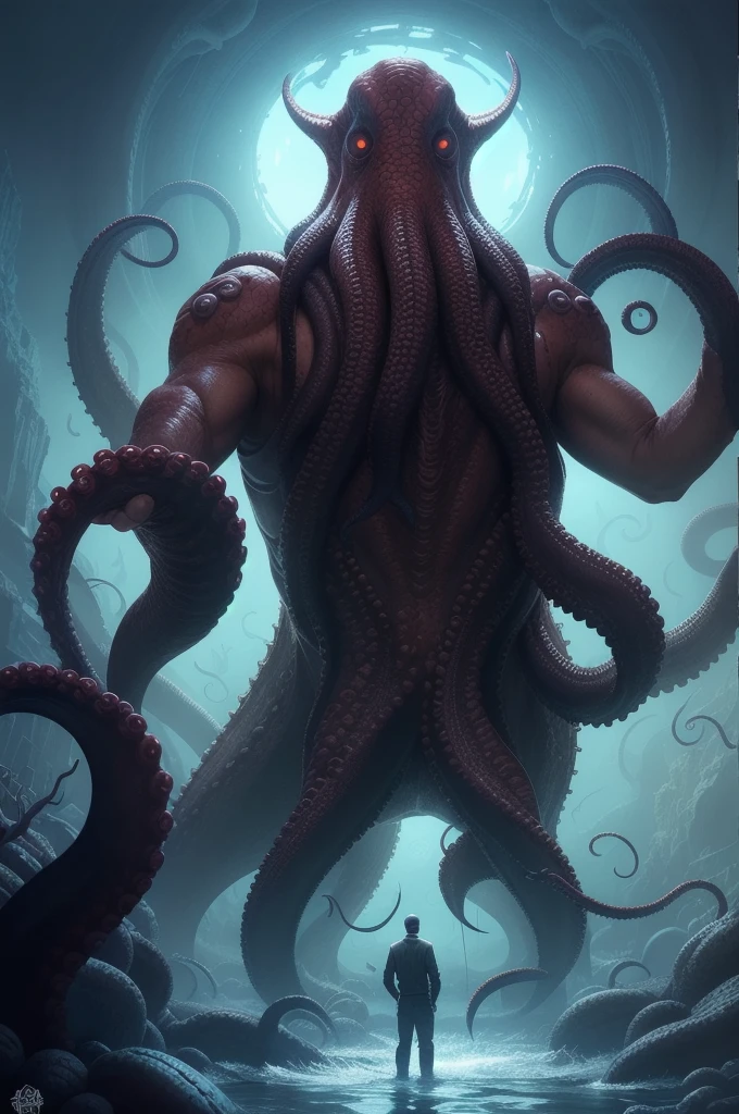 arafed image of a man standing in front of a giant octopus, cthulhu rising from the ocean, gigantic cthulhu, giant cthulhu, photo of cthulhu, cthulhu squid, dan mumford tom bagshaw, dan mumford. octane render, call of cthulhu, dan mumford. concept art, leviathan cthulhu squid, cthulhu, inspired by lovecraft, lovecraftian horror