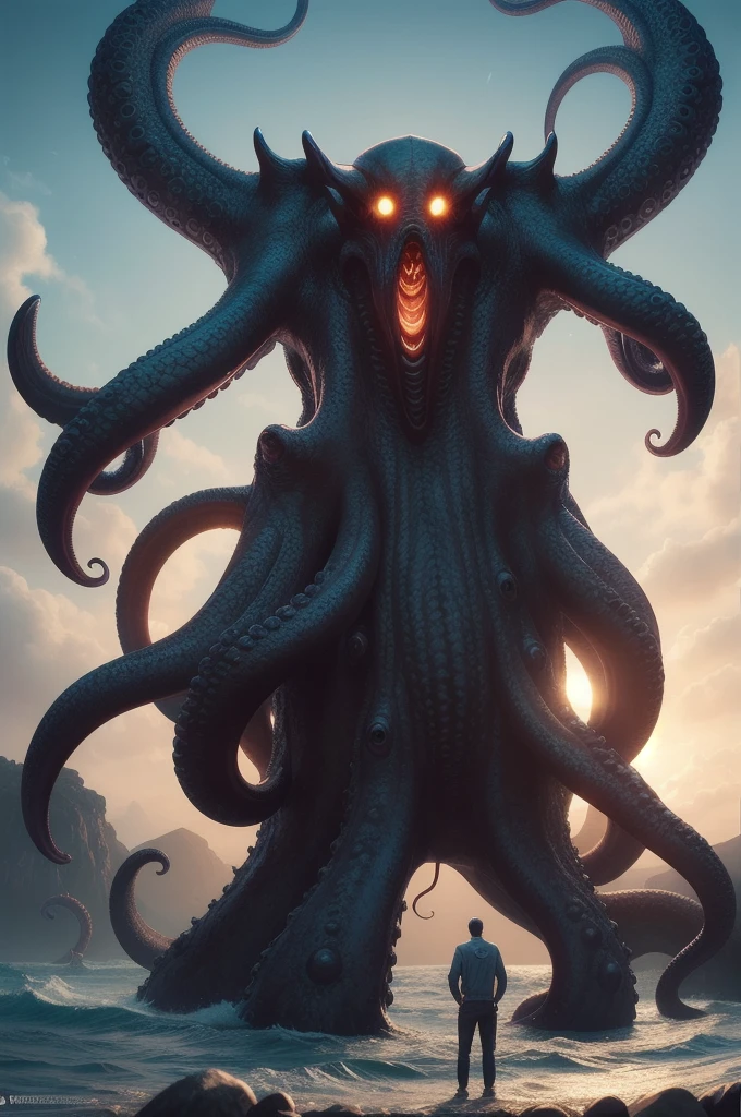 arafed image of a man standing in front of a giant octopus, cthulhu rising from the ocean, gigantic cthulhu, giant cthulhu, photo of cthulhu, cthulhu squid, dan mumford tom bagshaw, dan mumford. octane render, call of cthulhu, dan mumford. concept art, leviathan cthulhu squid, cthulhu, inspired by lovecraft, lovecraftian horror