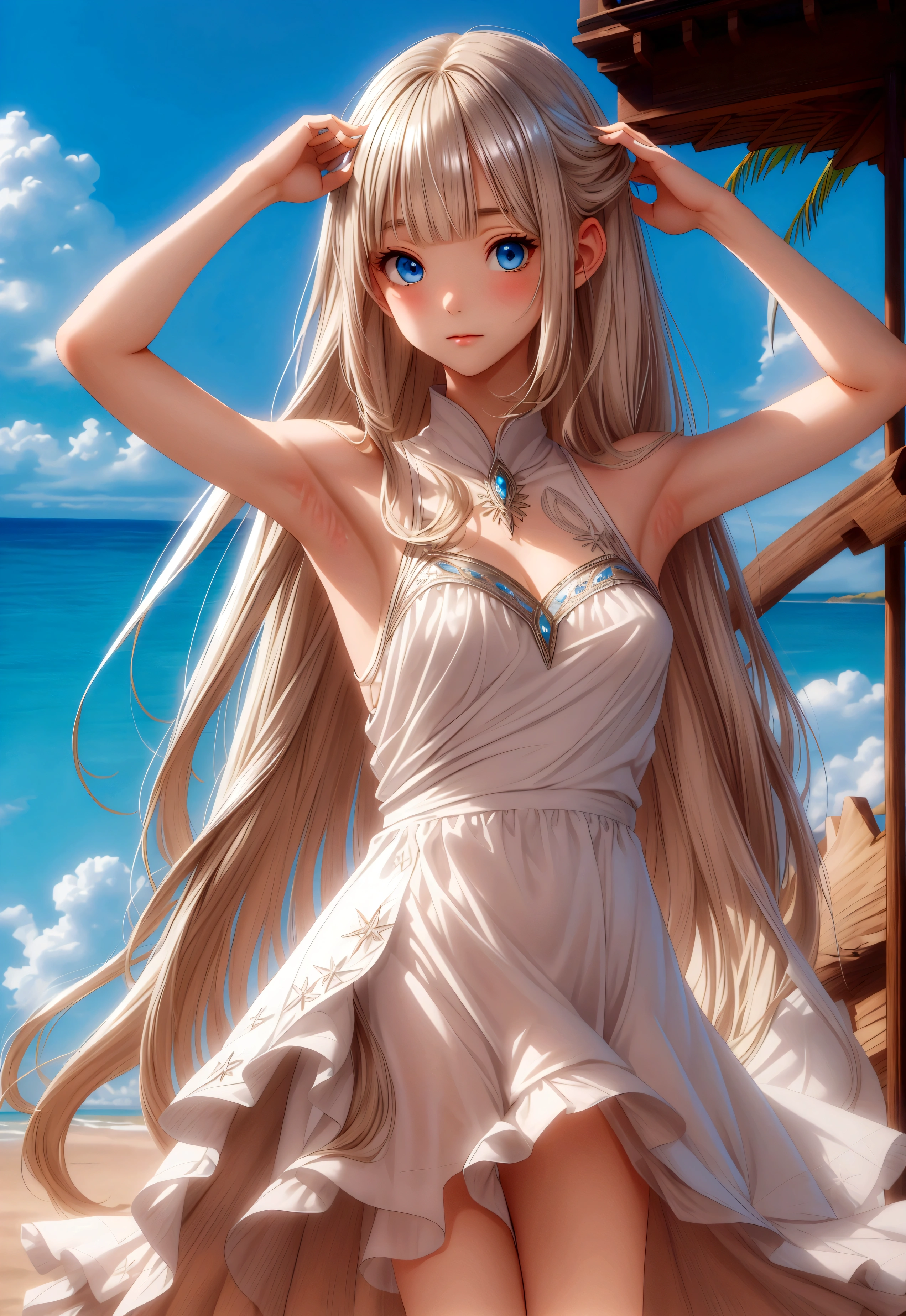 master piece , best quality , detailed , dresses , standing , hands up , armpit , from front , beach, Shiny platinum blonde silk super long straight hair, beautiful shiny bangs, big clear sky blue eyes, very beautiful bright eye highlights, Embarrassing, Blushing