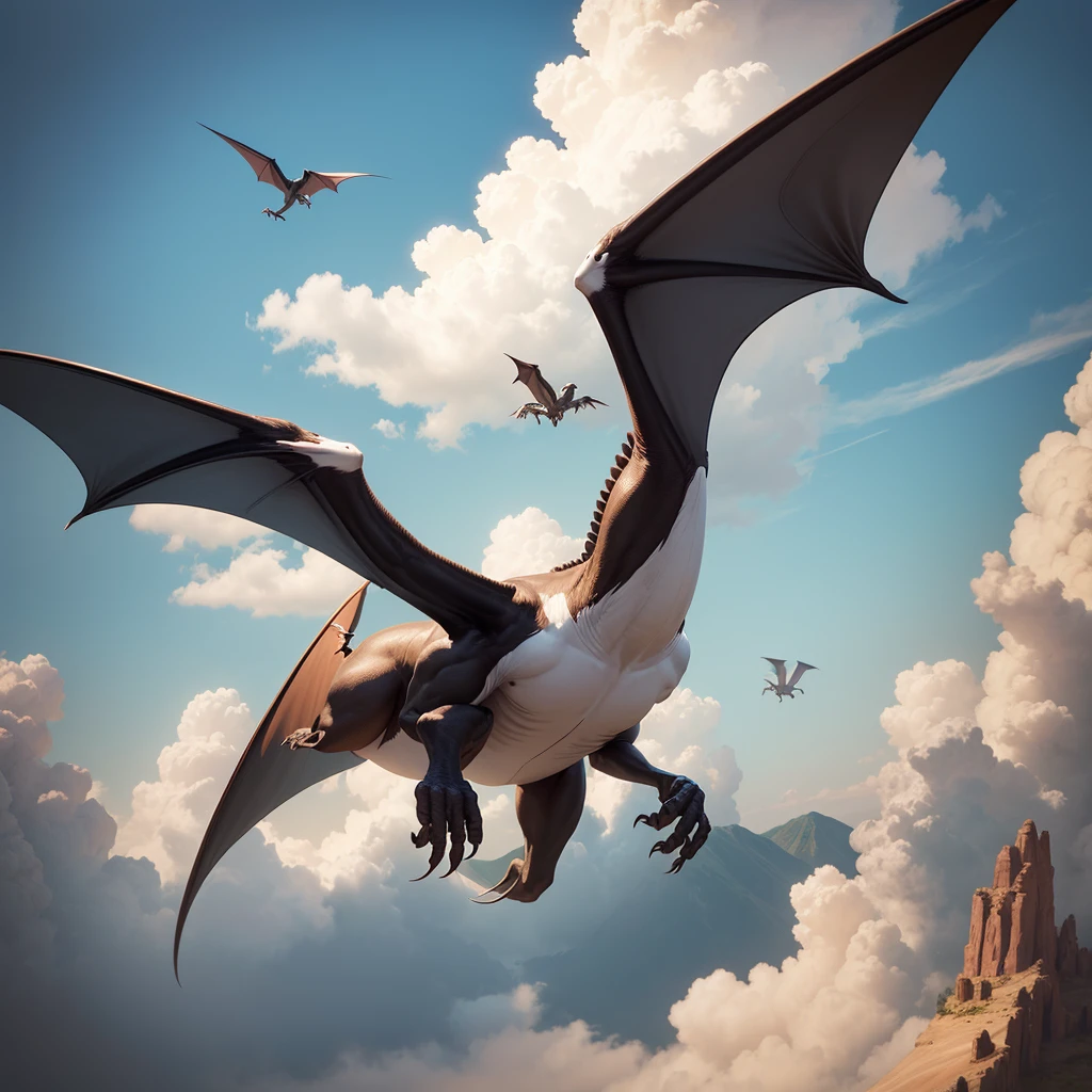 A handsome pterosaur soars in the sky,Prehistoric creatures,Giant pterosaur,Dinosaur World,Two or three little pterosaurs were flying nearby.,Huge wings,Sharp claws,Lots of details,Ultra-clear picture quality