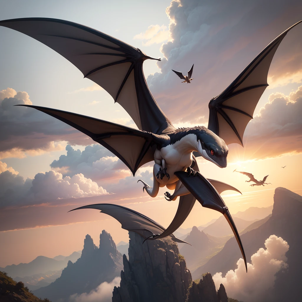 A handsome pterosaur soars in the sky,Prehistoric creatures,Giant pterosaur,Dinosaur World,Two or three little pterosaurs were flying nearby.,Huge wings,Sharp claws,Lots of details,Ultra-clear picture quality