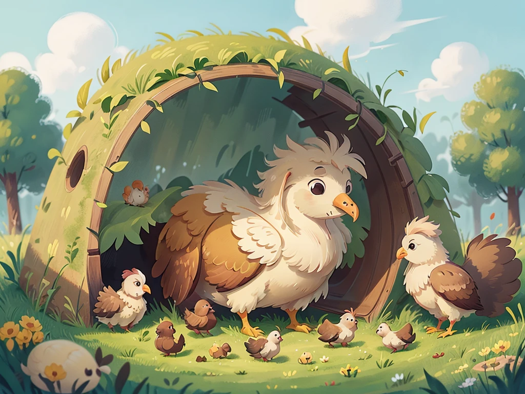 
cartoon，Gallus gallus domesticus，Gallus gallus domesticus，Children's Illustrations，A mother hen with her chicks，Grassland，within the enclosure