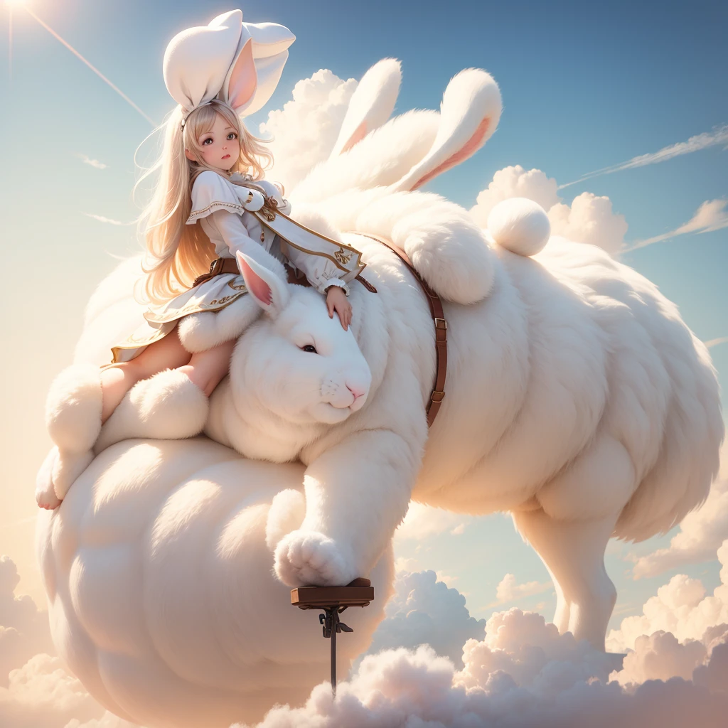 girl riding on top of a giant fluffy white bunny, fantasy