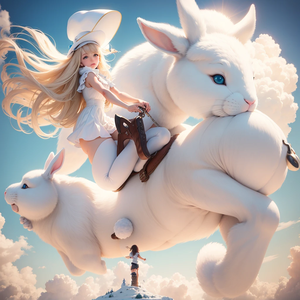 girl riding on top of a giant fluffy white bunny, fantasy