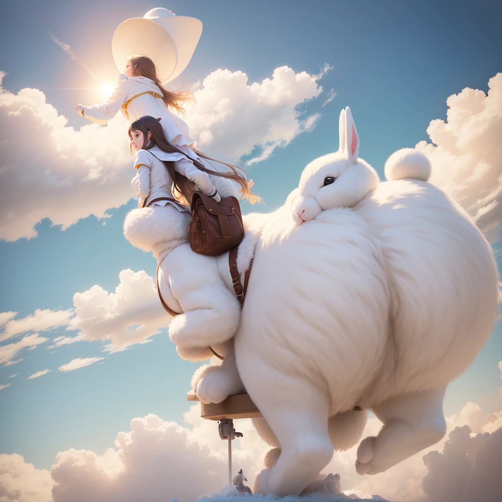 girl riding on top of a giant fluffy white bunny, fantasy