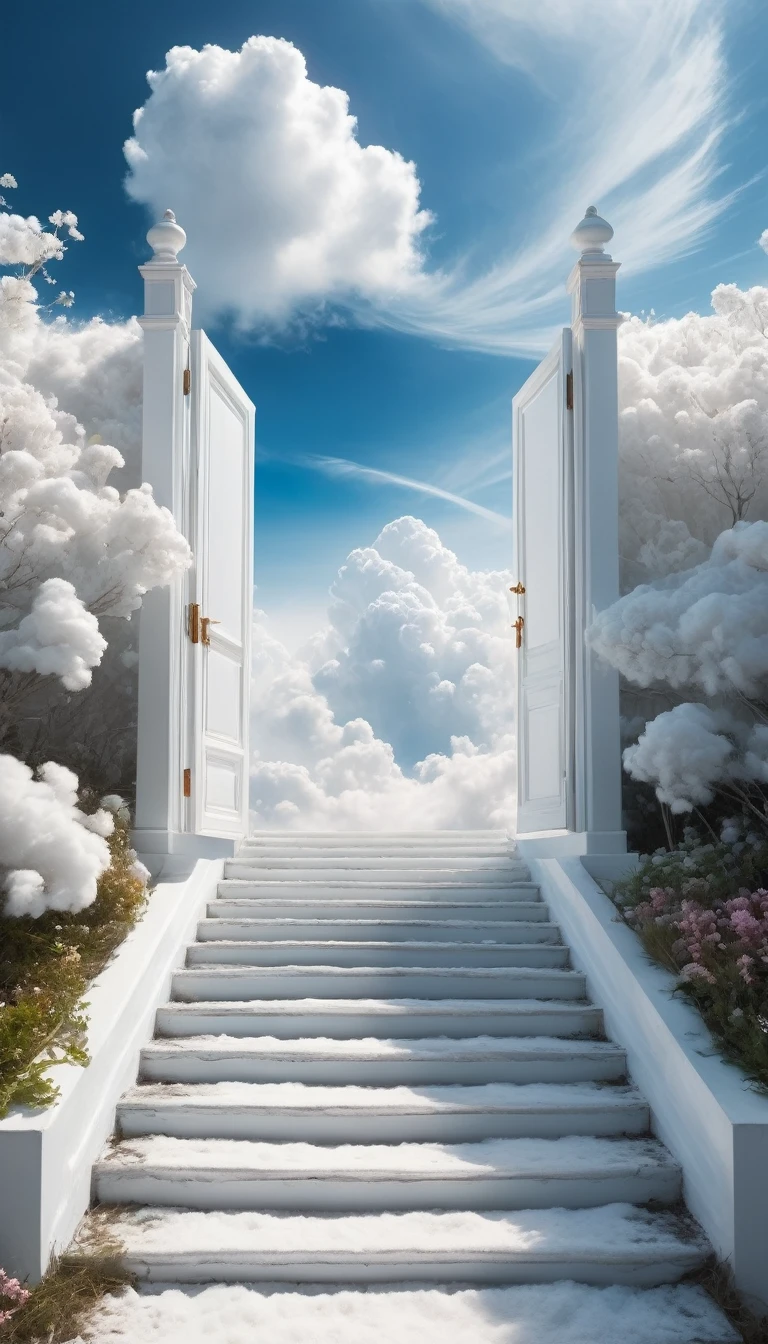 White：A beautiful ethereal landscape, a long white cloud staircase leading to a door in a quiet blue sky, fluffy soft white clouds, like a dream, fantastic, (best quality, 4K,8K, high resolution, Masterpiece :1.2), very detailed, (practical, photoppractical, Photo practical :1.37), landscape, fantasy, Dramatic lighting, bright colors, quiet, calming, calming, ethereal atmosphere