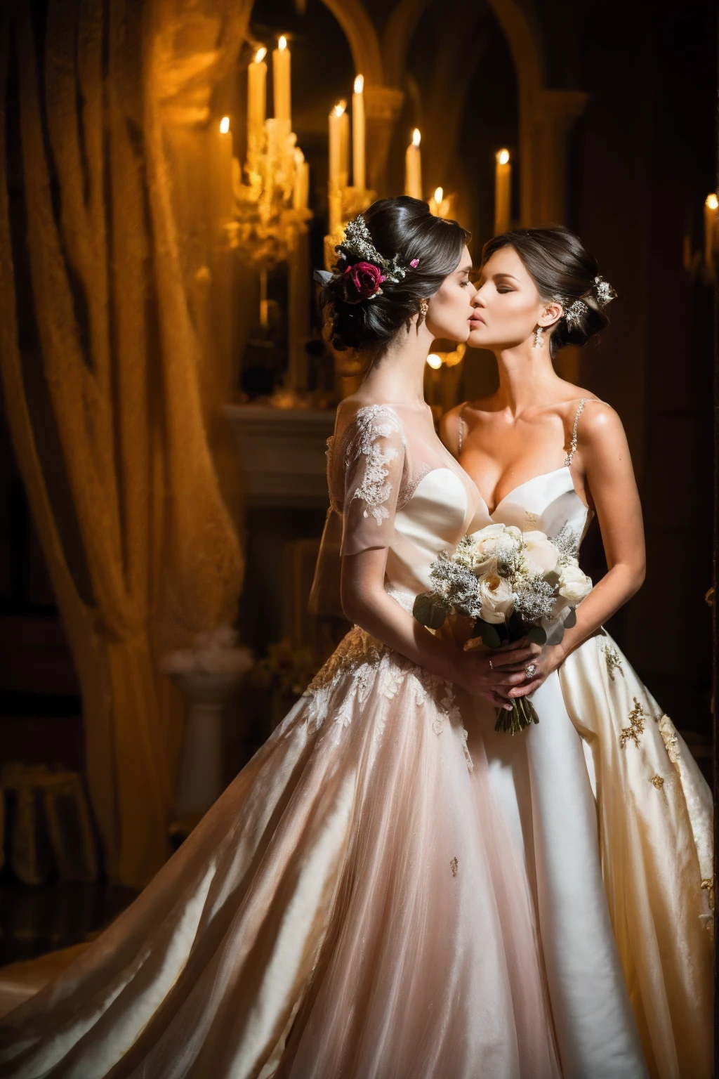 1girl in a black wedding dress,standing in the center of a wedding stage,spotlight on her,romantic atmosphere,extremely beautiful detailed facial features,exquisite makeup,holding a bouquet of flowers,girl looking down and kissing the flowers with tears,cinematic,slightly dark,8k,dramatic lighting,rose petals,ornate background,photorealistic,chiaroscuro,elegant,ethereal,intricate details