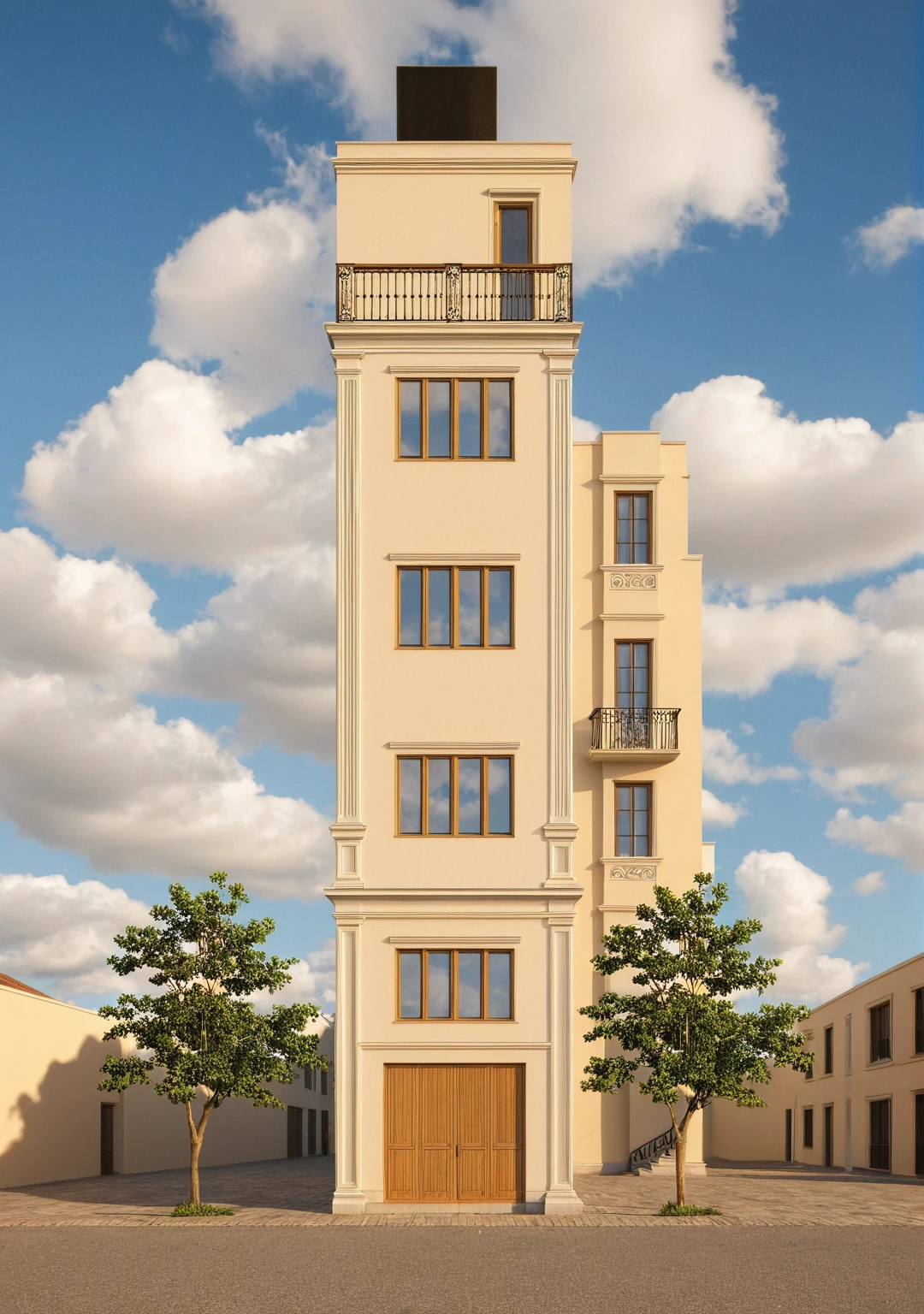 Raw photo,Masterpiece, high quality, best quality, authentic, super detail,
exterior, outdoors, house style neoclassic on the street ,aiaigroup, 
road,pavement, grass, trees, sky, cloud, (day:1.1)