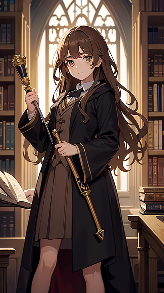 Create an image of Hermione Granger from the Harry Potter series.

Description:

A young girl with bushy brown hair.
Wearing a  with a black robe.
Holding a book or a wand.
Background: A magical setting, such as a castle or library.