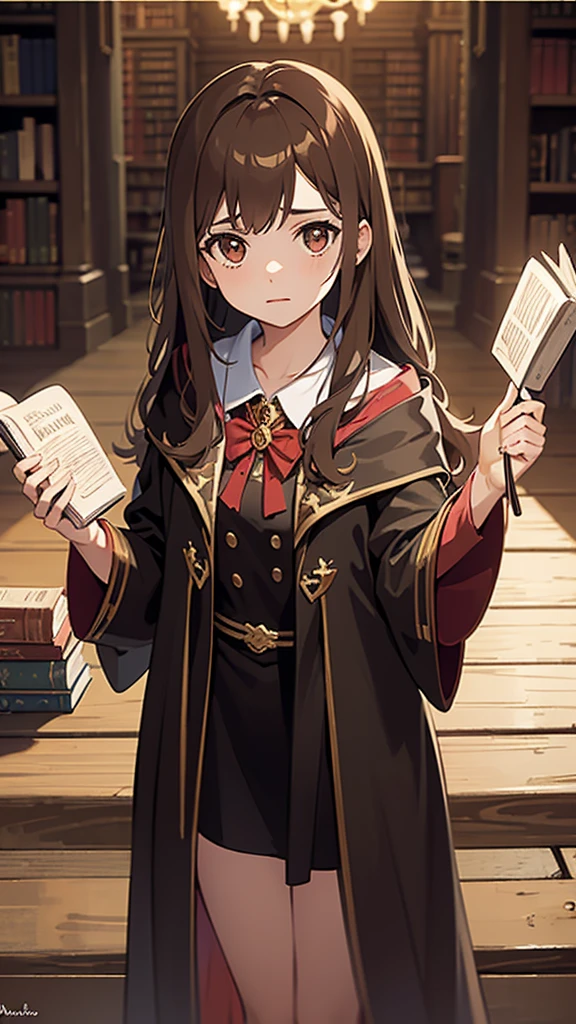 Create an image of Hermione Granger from the Harry Potter series.
Description:
A young girl with bushy brown hair.
Wearing a with a black robe.
Holding a book or a wand.
Background: A magical setting, such as a castle or library.