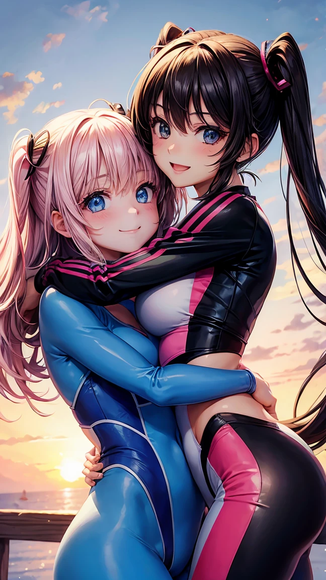 2girl,beautiful girl,Unique, Anime Girl, Wearing Hot Tight sportswear,Smile,Hug together