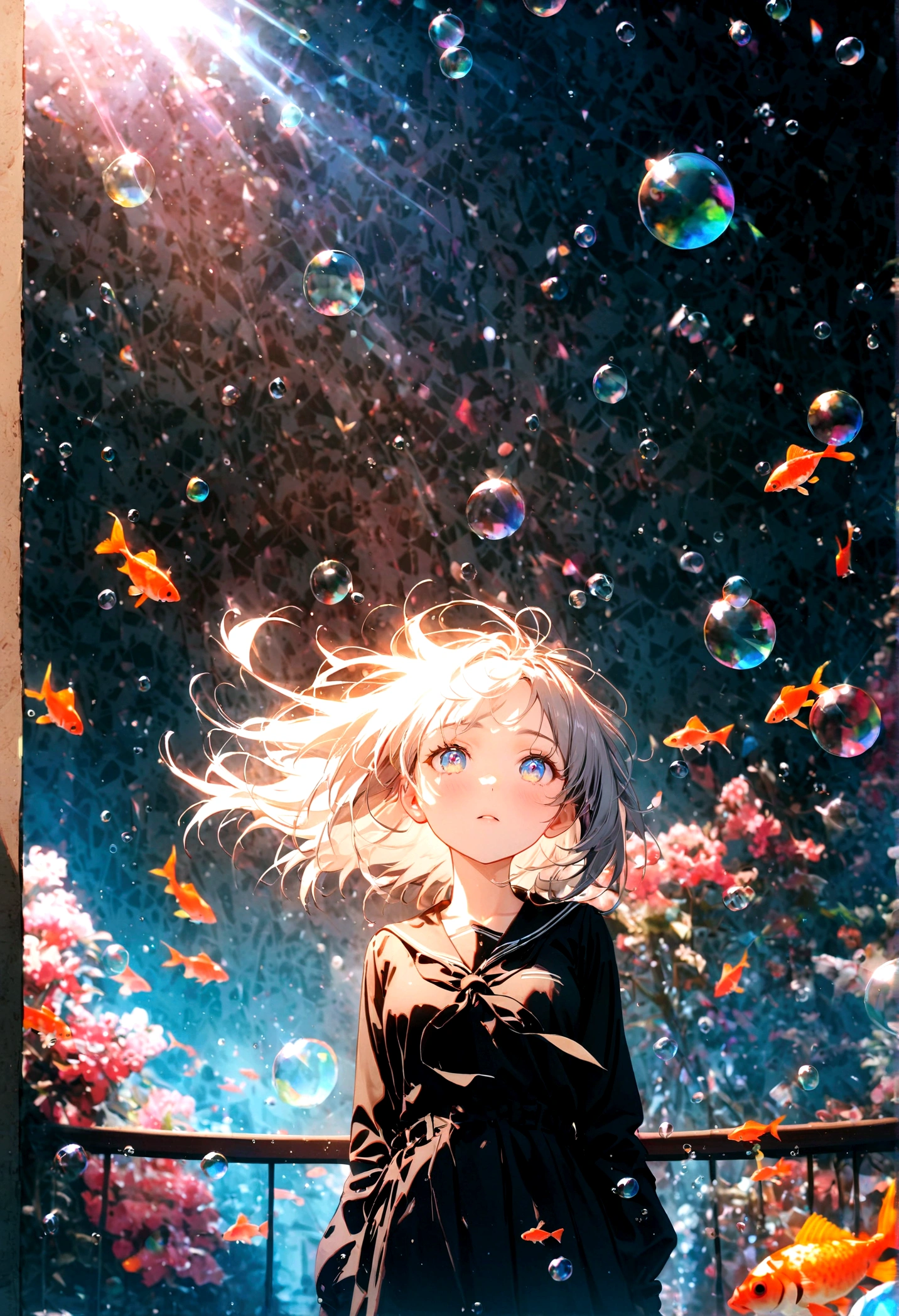 (woman\(student, 15 years old, JK, short hair, Silver Hair, Floating Hair, Space-colored eyes, Black Sailor Suit\(Of high school\), Pale skin, Tired face, No shine in the eyes\) Look up at the sky), (Many goldfish are swimming in the air), Beautiful sky, Beautiful Clouds, Colorful summer flowers are blooming everywhere., (Transparent bubbles shine like prisms here and there in the sky), The midday moon and the midday star shine in the sky, woman is at messy downtown, break ,quality\(8K,非常に精細なCGユニットのwallpaper, masterpiece,High resolution,top-quality,top-quality real texture skin,Surreal,Increase the resolution,RAW Photos,最高quality,Very detailed,wallpaper,Cinema Lighting,Ray Tracing,Golden Ratio\),(Long Shot),Wide Shot,