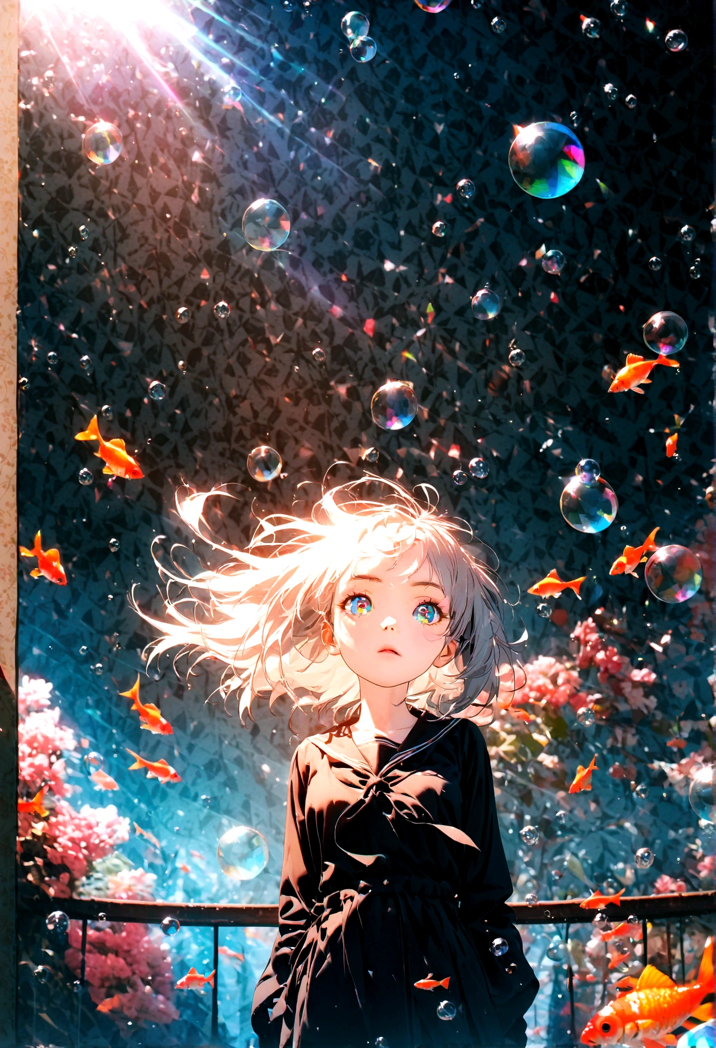 (woman\(student, 15 years old, JK, short hair, Silver Hair, Floating Hair, Space-colored eyes, Black Sailor Suit\(Of high school\), Pale skin, Tired face, No shine in the eyes\) Look up at the sky), (Many goldfish are swimming in the air), Beautiful sky, Beautiful Clouds, Colorful summer flowers are blooming everywhere., (Transparent bubbles shine like prisms here and there in the sky), The midday moon and the midday star shine in the sky, woman is at messy downtown, break ,quality\(8K,非常に精細なCGユニットのwallpaper, masterpiece,High resolution,top-quality,top-quality real texture skin,Surreal,Increase the resolution,RAW Photos,最高quality,Very detailed,wallpaper,Cinema Lighting,Ray Tracing,Golden Ratio\),(Long Shot),Wide Shot,
