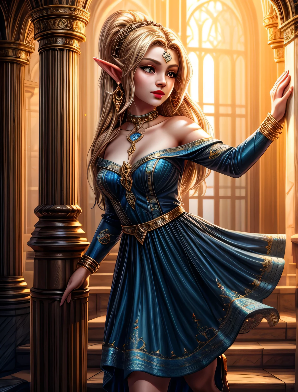 UHD 8k, HDR+, cute blonde elf with big piercing eyes, with a golden calle on her neck, huge earrings, giant earrings, a beautiful elven face, elven ears, gold bracelets on her arms, long black hair flowing over her shoulders, white high heels, high heels, elven snow-white dress embroidered with gold, Against the background of the palace of the elf king, detailed background, detailed background, realistic, 1girl, solo girl, 20 year old girl, ultra realistic face, hyperrealistic, hyperdetailed, (looking at viewers), sharpen, detailed face, detailed eyes, detailed lips, red lips, beautiful face, 16k, FHD, raw photo, cute face mesh, pretty face mesh, portrait shot 8 k