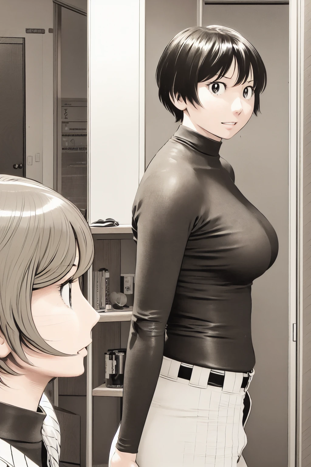 、(masterpiece、Highest quality)、Highest quality, Ultra-high resolution, (((masterpiece))), alone, Sweat、Big eyes,Tight black shirt、Tight white pants、belt、indoor、Composition from the front、(Cut the back hair short、short hair、blonde、woman)、Shortcuts、Embarrassed face、Cut your hair short、可愛いwomanの子、Big Breasts、Inside the room、Full Color、Baseball uniform