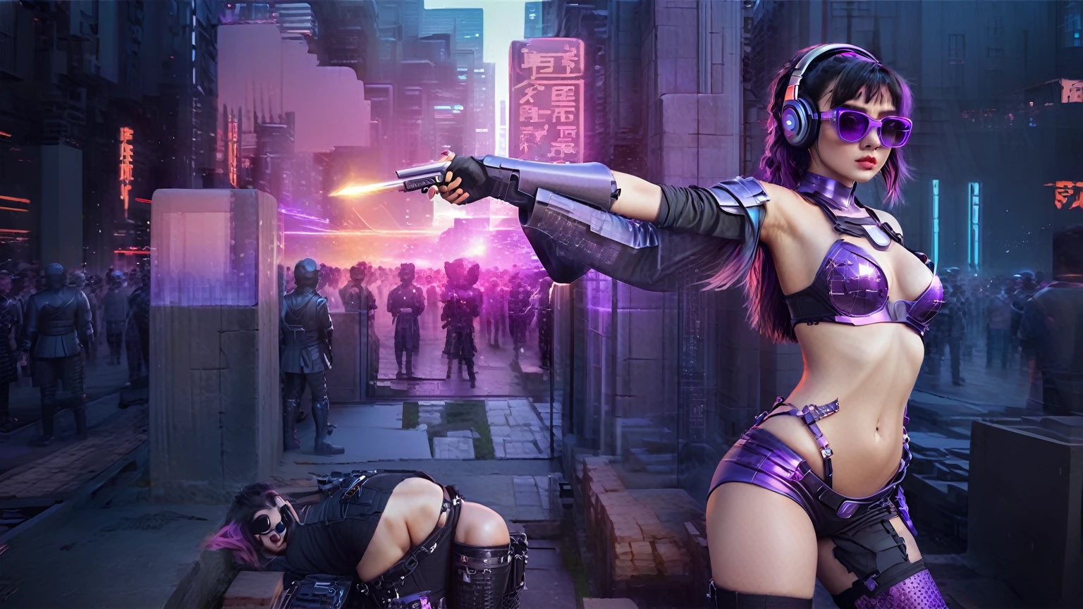 masterpiece, best quality, high resolution, 8k, (Portrait Photos:1.5), (R Original Photo), real picture, Digital Photography, (A fusion of cyberpunk and fantasy), 20 year old girl, solo, (((black sunglasses, headphone))), Feel free to hairstyle, Purple Eyes, By Bangs, (large breasts, cleavage, Accessories, Elegant and charming, Combination of cyberpunk and fantasy style clothing, Hollow carving design, Photo poses, Realistic style, (((((((pistol shooting pose))))))), oc render reflection texture, sentry, (((((aerial view of Cyberpunk style future city, 1 giant (((Chinese Terracotta Warrior))) sculpture))))), night, Bustling streets, (((((half-body (thigh level) medium shot))))).